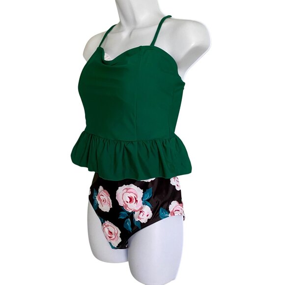 Two Piece Floral Swimsuit Green Peplum Top High-Waisted Rose Print Bottom M NEW - Picture 5 of 9